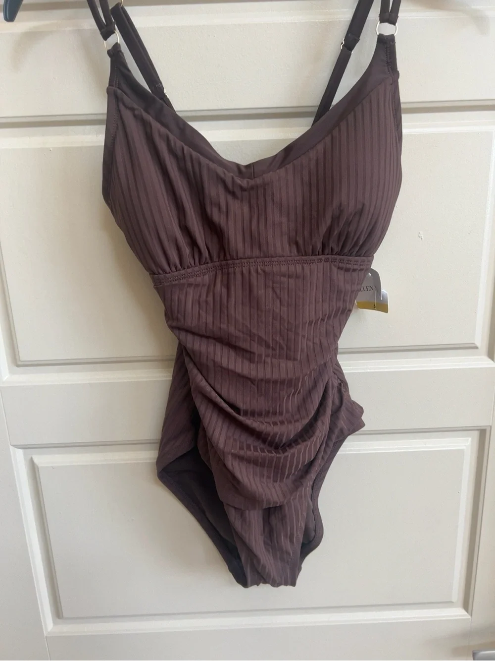 ELLEN TRACY NEW RIBBED ONE PIECE SWIMSUIT S brown summer vacation resort beach